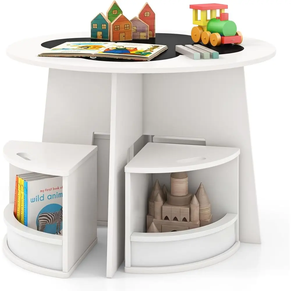 Kids Table and Chairs, 5 Pieces Children Round Table w/ 4 Storage Stools & Chalkboard Tabletop or Activity, Art, Crat, Eat, Todd