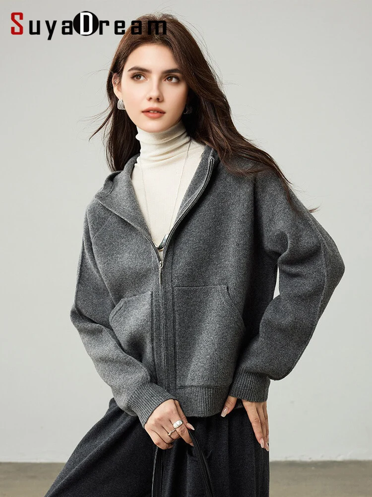 

SuyaDream, Hooded Cardigans For Woman, 100%Merino Wool, Cozy Sweaters, 2025 Fall Winter Jackets, White, Grey