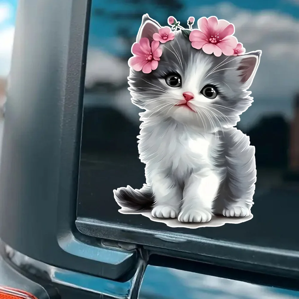 9x13cm 花と愛らしい子猫の車のステッカー、傷つきにくいオートバイやバンパーの装飾ステッカー、車に適しています。