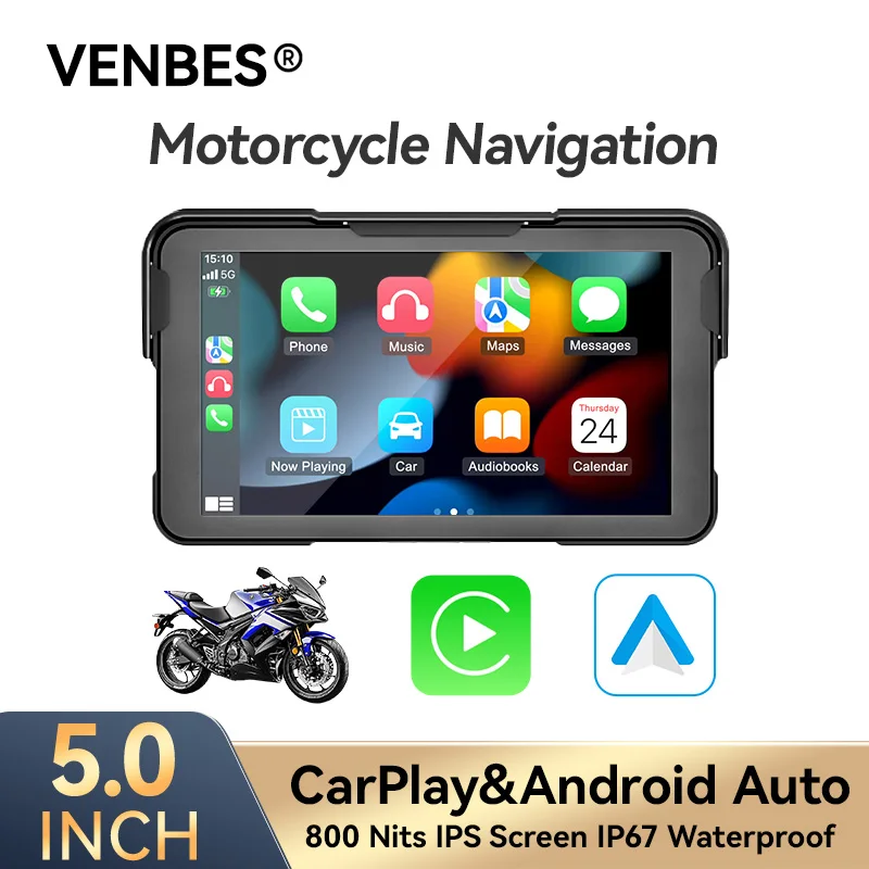 

Wireless Motorcycle CarPlay Android Auto VENBES 5Inch Portable GPS Navigation Bluetooth 5G WiFi Module IPX67 Waterproof Display
