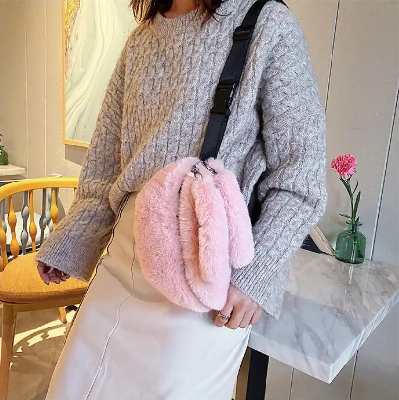 2024 Women\'s Autumn/Winter New Fashion Plush Waist Bag Crossbody Bag, Cute Rabbit Ears Shoulder Bag, Women Bag