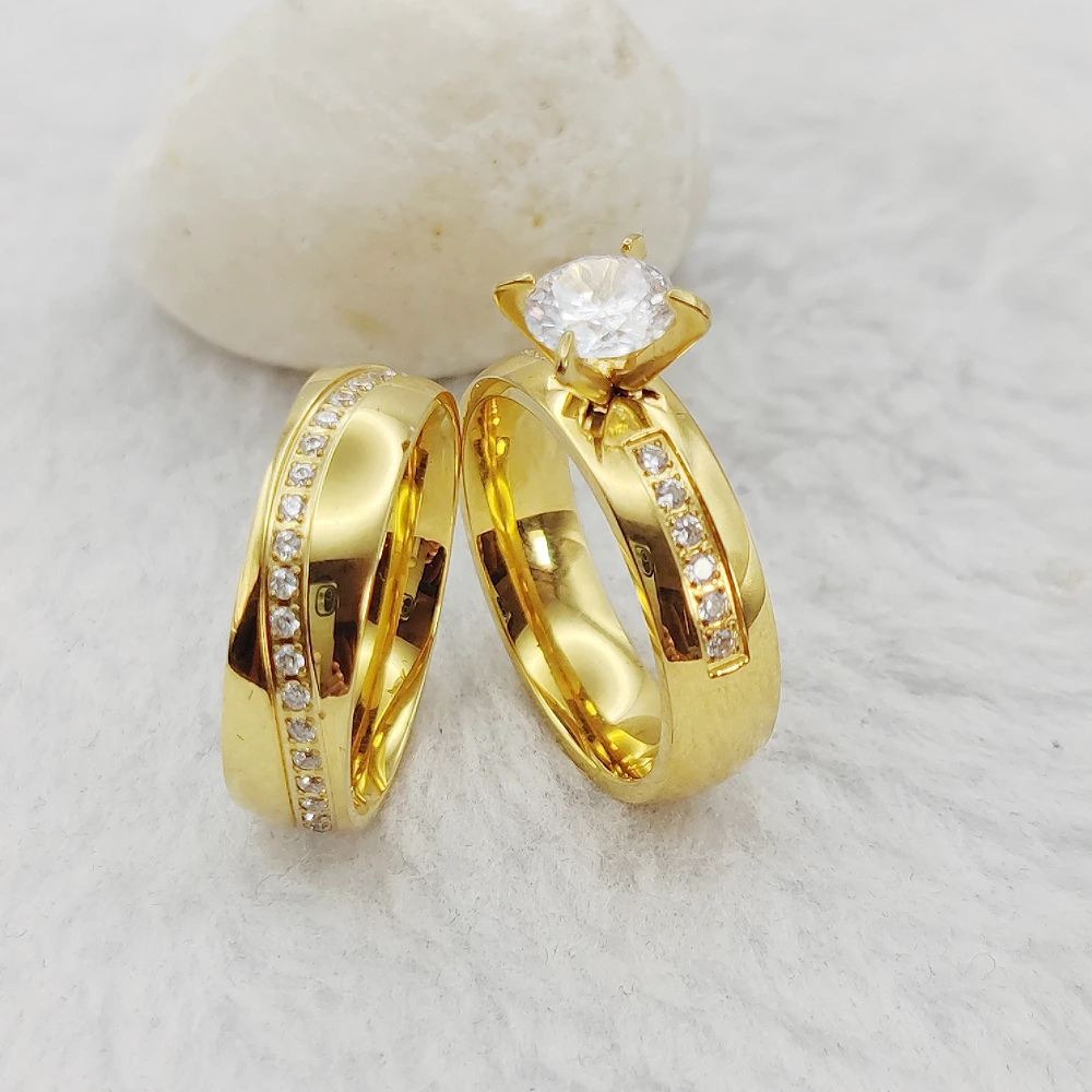 Ladies 2pcs Cz Diamond Wedding Bands Engagement Rings Bridal Sets For women 24k Gold Plated Jewelry Love commitment