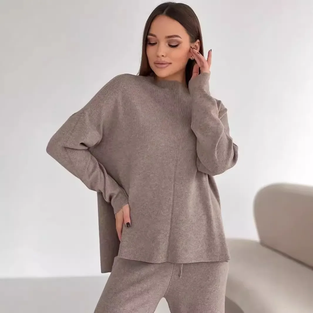 Casual Side Slit Set with Full Length European and American Style Sweater Top Long Pants Regular Sleeve Spring Women Winter Set