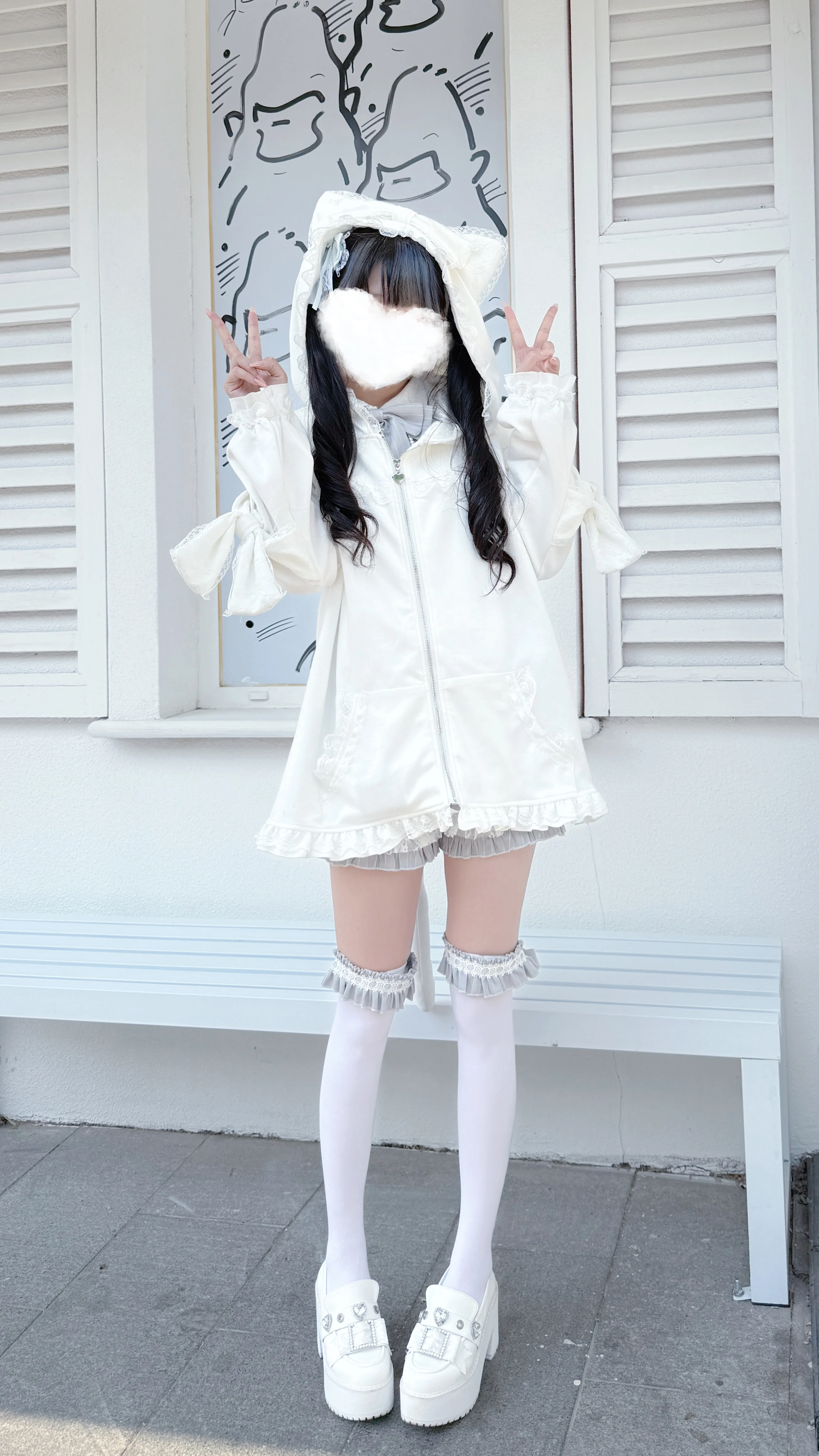 

Original Japanese Lolita Zip Cardigans Coat Cute Cat Ears Hooded Long Sleeve Jacket Mid-long Subculture Cat's Tail Black Outwear