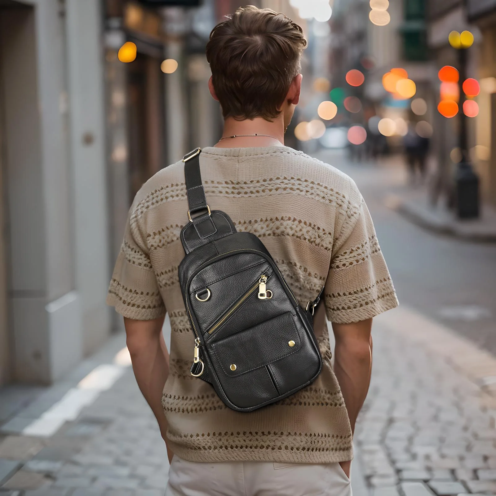 Sporty Top-Grain Leather Chest Bag, Men's Compact Crossbody Sling, Minimalist EDC Sports Backpack with Adjustable Strap