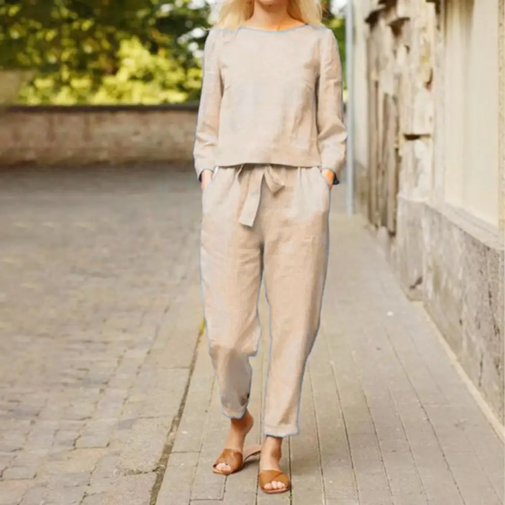 2 Pcs/Set Women Top Pants Set Round Neck Long Sleeves Blouse Vintage Elastic Waist Trousers Daily Leisure Loose Outfit
