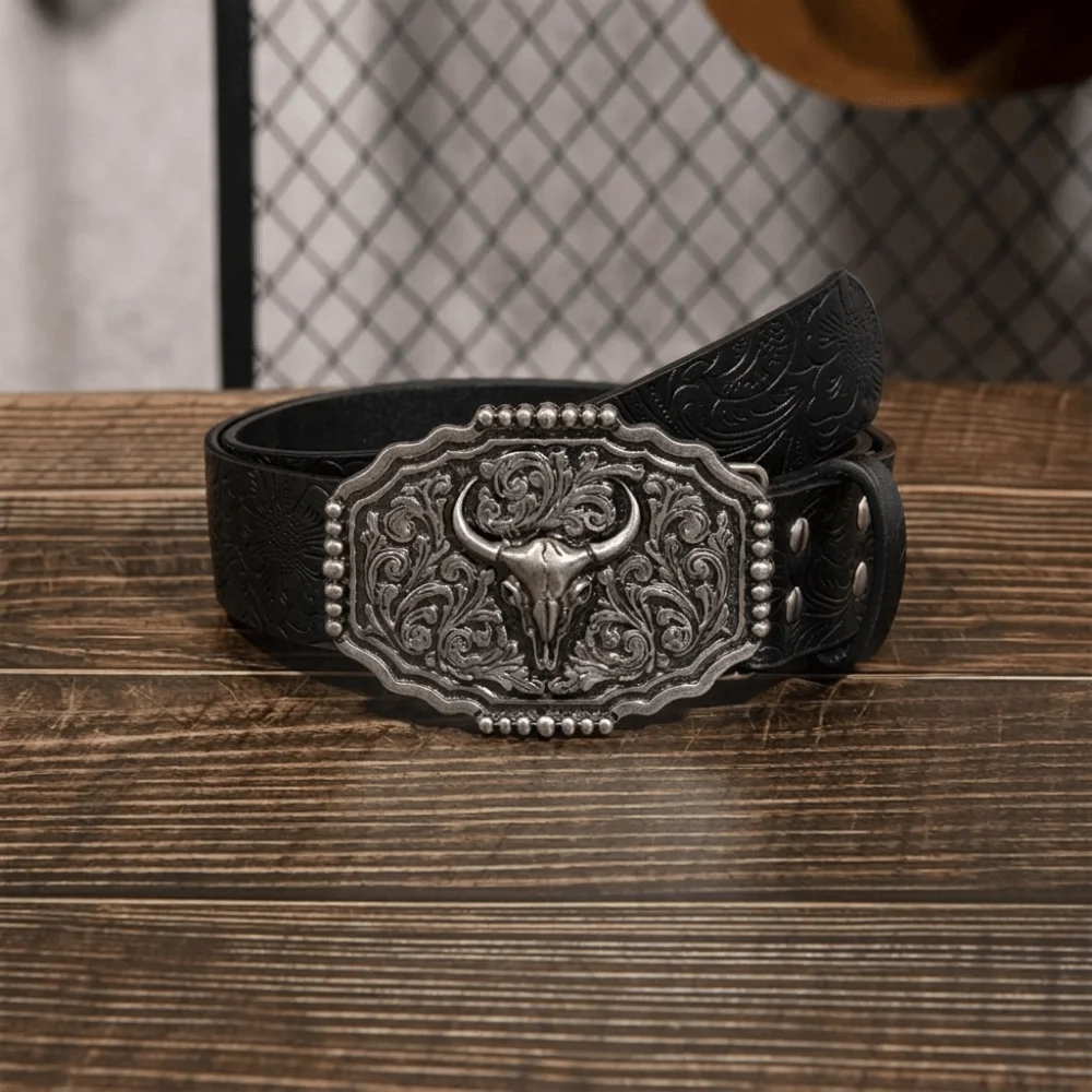 Retro PU Leather Western Cowboy Belt Luxury Design Embossed Bull Buckle Belt Trendy Brand Ox Head Waistband for Men