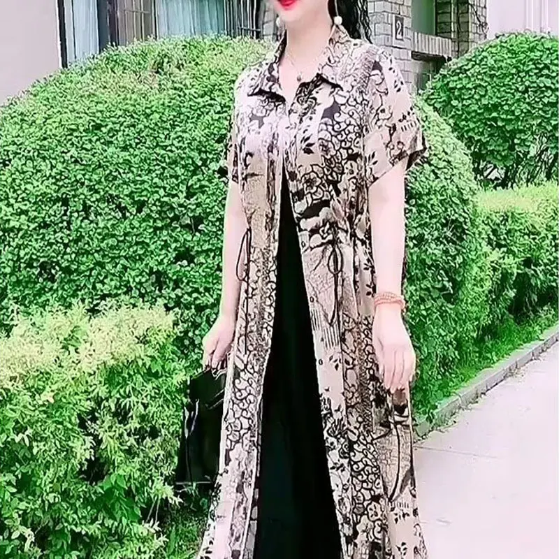 Vintage Printed Single-breasted Midi Dress Casual Turn-down Collar Fashion Drawstring 2023 Summer Female Clothing A-Line Dresses