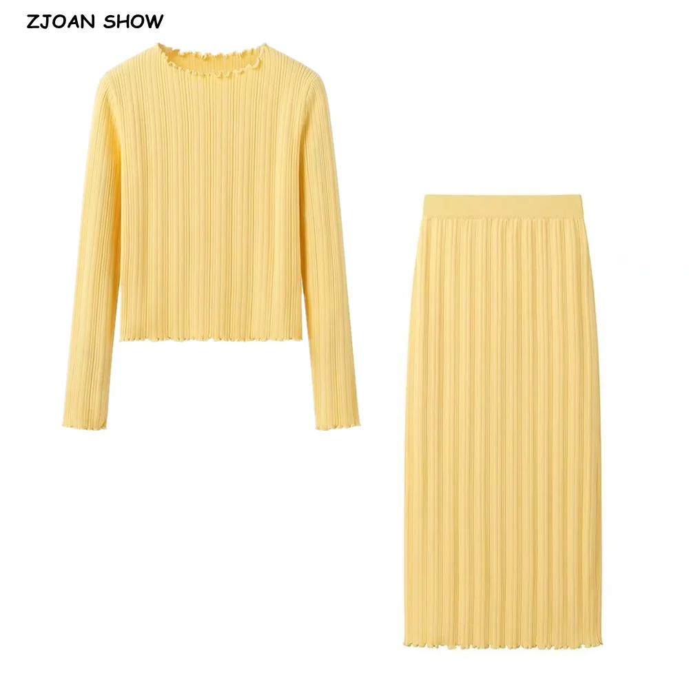 2 pieces 1 set 2024 Women Yellow Rib Line Knitted Wood ears O neck Crop Sweater High Waist Package Hips Pencil Maxi Long Skirt