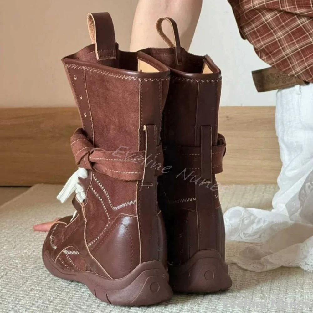 女性用ミッドカーフブーツ,クロスタイ,スプライスソーイング,ラウンドトゥ,身長を伸ばす,ボクシング,新しいファッション,秋,冬,2022