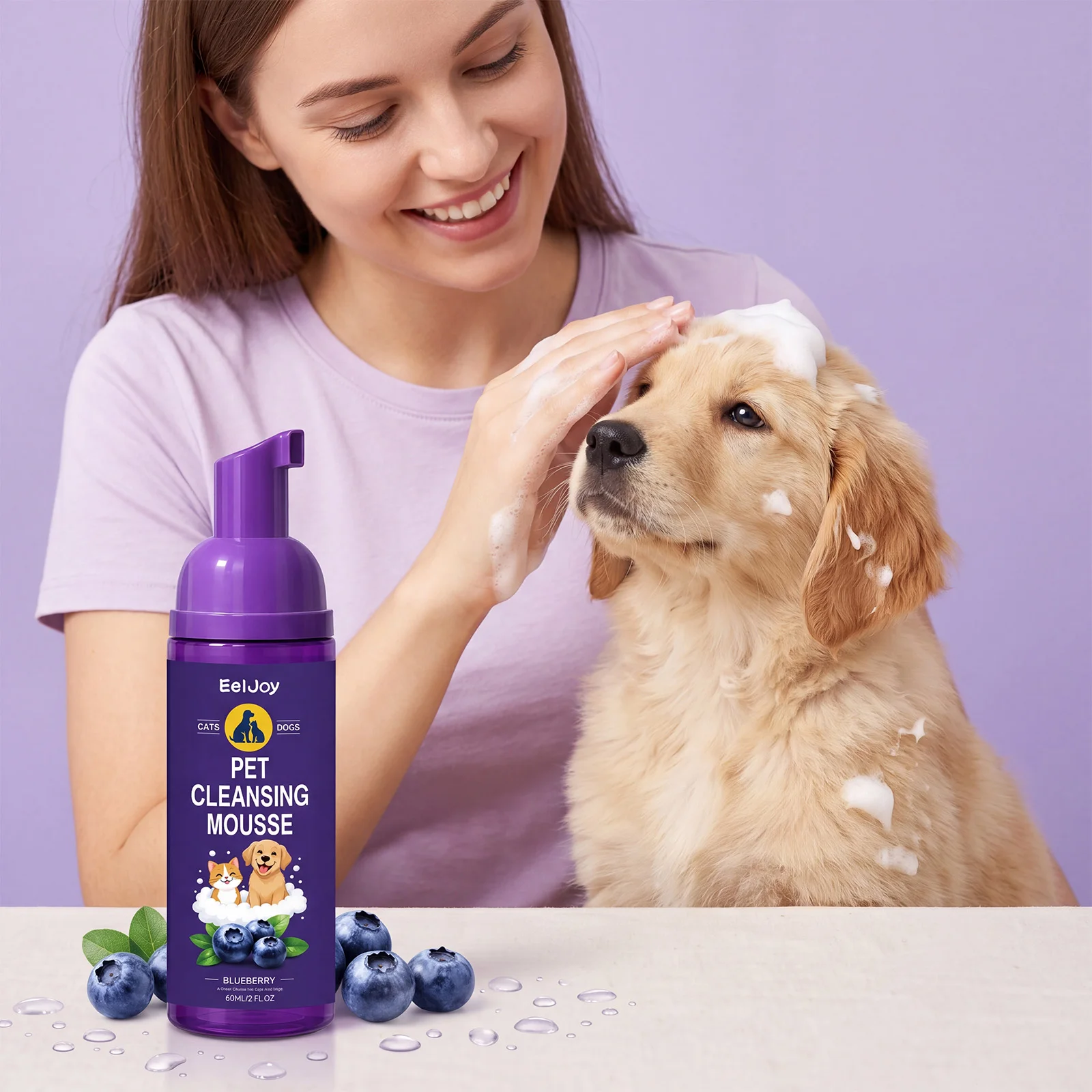 Mousse nettoyante pour animaux de compagnie, élimination douce de la saleté, apaisement de la peau, éliminateur d'odeurs, parfum longue durée, sans rinçage, shampoing en mousse pour chiens et chats, 60 ml