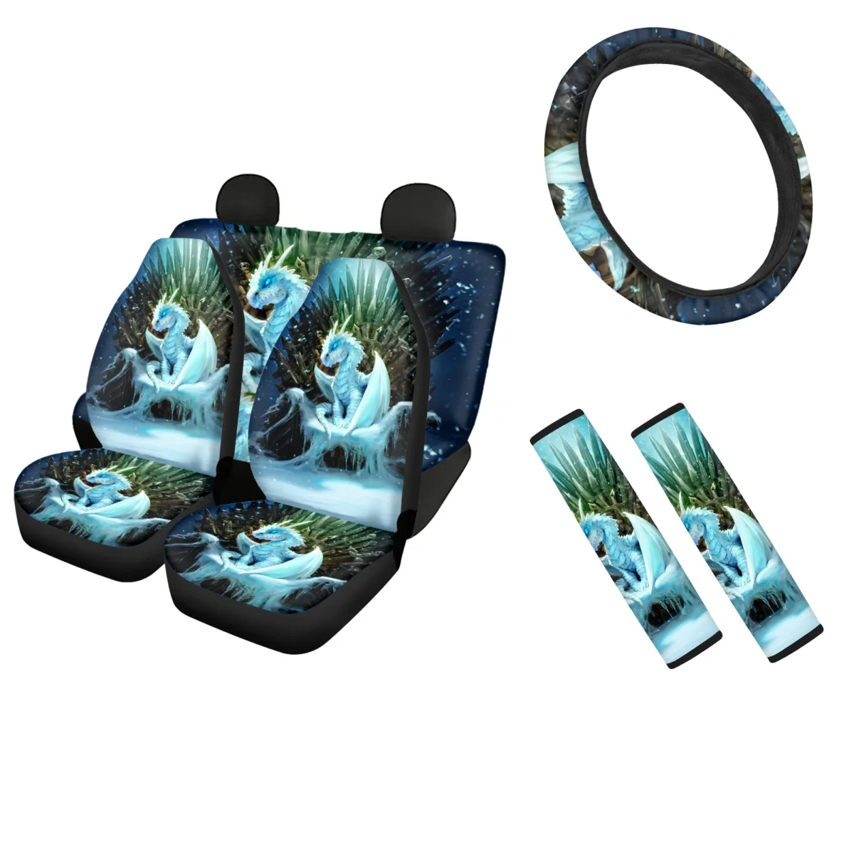 Blue Dragon Fantasy Car Front/Rear Seat Covers Sedan Interior Decor Seatbelt Shoulder Strap 2 Pack Steering Wheel Cover Set Soft