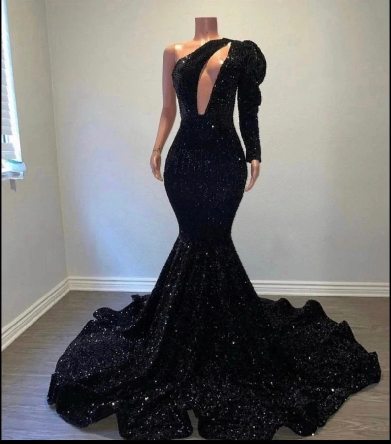 Black African American Prom Dresses Mermaid One-shoulder Sequins Black Girls Robe De Soiree Evening Dress Gown Customized