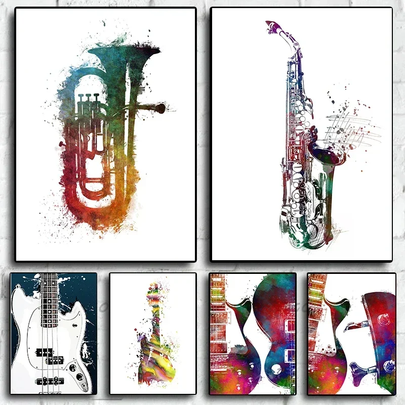 Saxophone Guitar Watercolor Musical Instruments Canvas Painting Wall Print Home Art Posters for School Music Classroom Decor