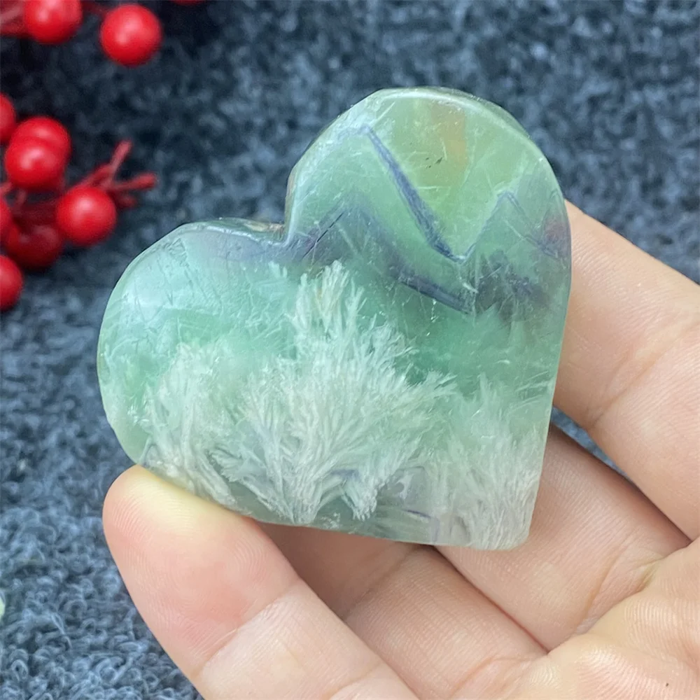 Natural Rare Feather Fluorite Hand Polished Crystal Heart Shape Polished Power Gemstone Holiday Gift Home Decor