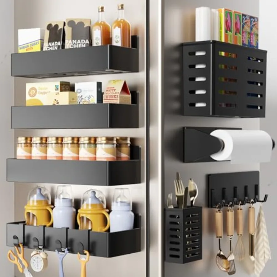 

Магнитная полка для специй на холодильник, магнитный органайзер для холодильника с держателем для бумажных полотенец, подставкой для кухонных принадлежностей и крючками