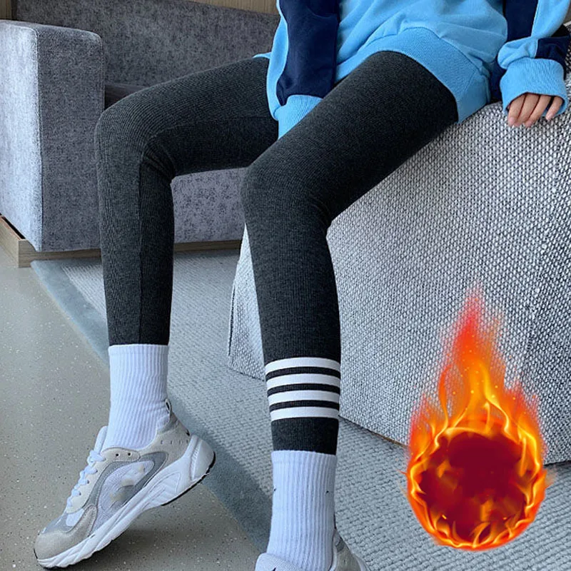 Autumn Winter Warm Thick Cotton Leggings for Women Fleece Lined Slim Fit Thermal Pants with Four Stripe Design