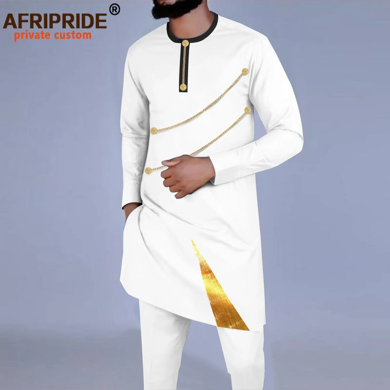 Bazin Riche African Clothing for Men Full Sleeve Chain Embroidery Shirts and Pants 2 Piece Set for Wedding Evening A2316047