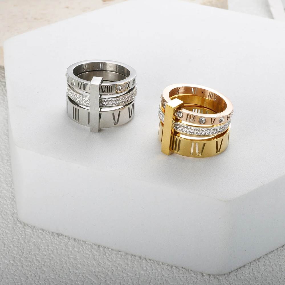 Drei Schichten Römischen Ziffern Ring für Frauen Luxus Edelstahl Drehbare Kristall Finger Ringe Weibliche Hochzeit Trendy Schmuck – Detail 9