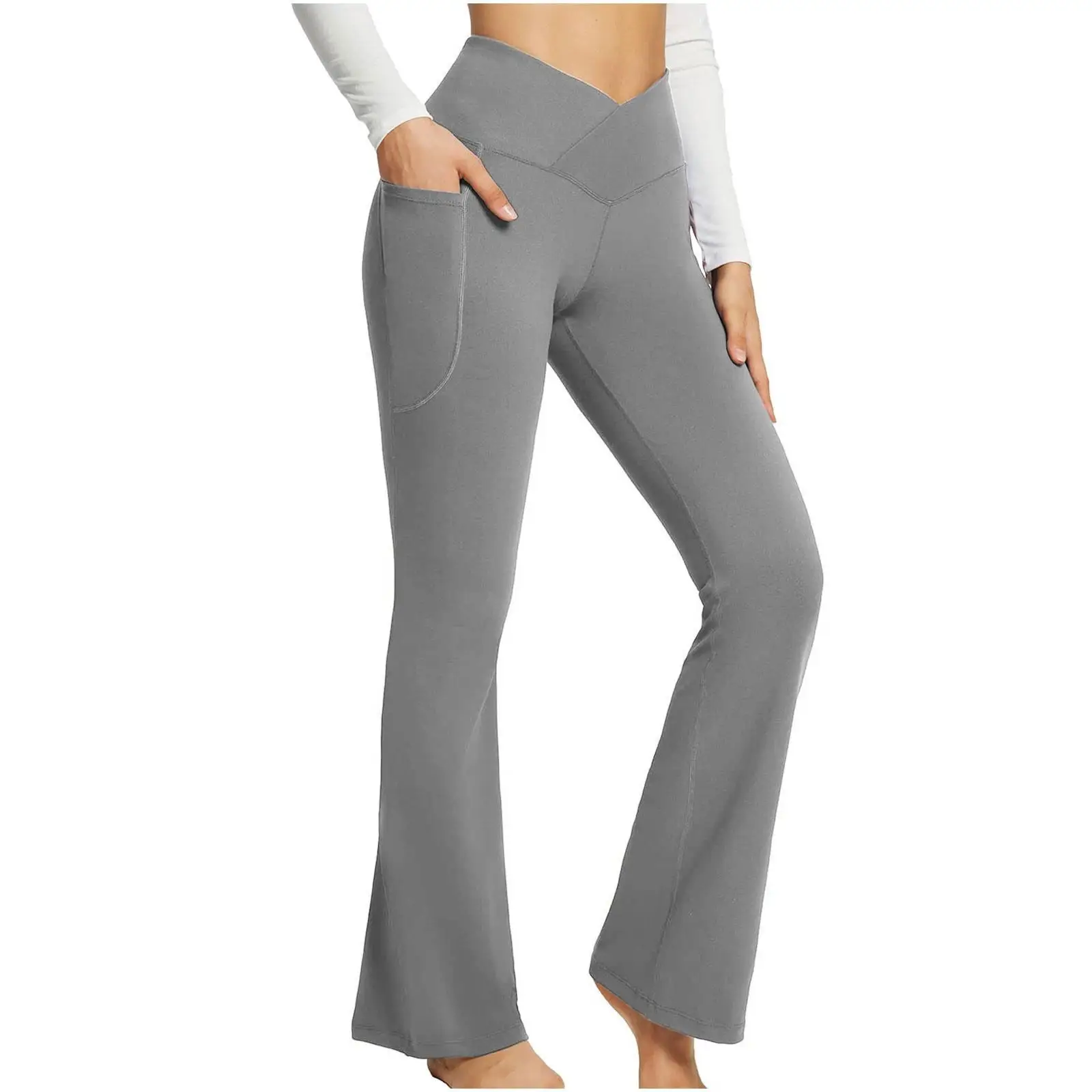 

High Waisted Flared Pants Leggings Thin Cross Waist Design Long Trousers Polyester Fiber Ladies Faion Bot Wear