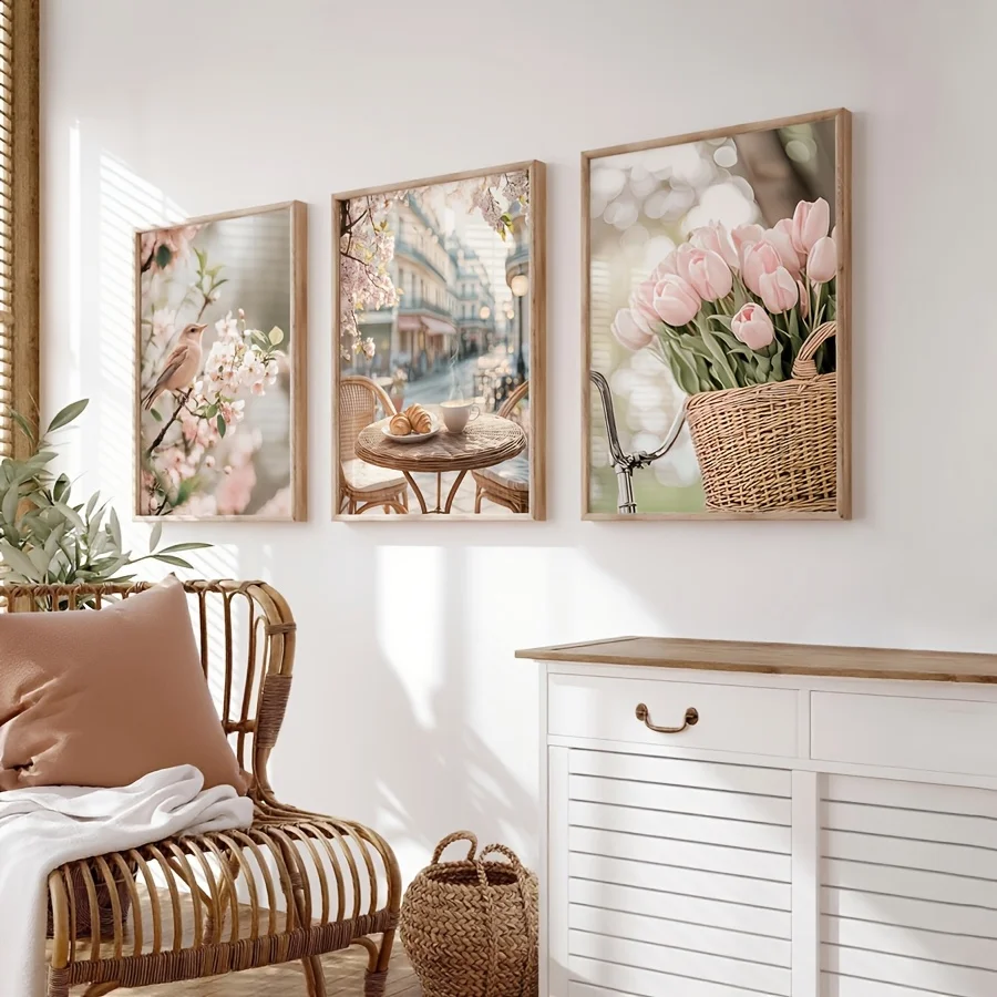 3PCS Frameless,3pcs/set Romantic Paris Street Canvas Print Flowers Birds Tulips Outdoor Cafe Wall Art Posters for Spring Farmhou