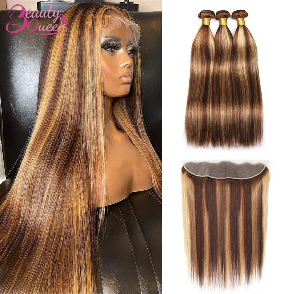 Ombre braun blonde Farb bündel mit 13x4 Spitze frontal gerade brasilia nisches menschliches Haar weben Bündel mit Verschluss Haar verlängerungen