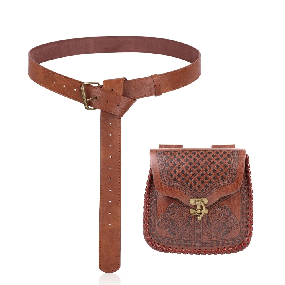 Tas sabuk aksesori kostum antik coklat muda tas unisex sabuk aksesori permainan peran Halloween