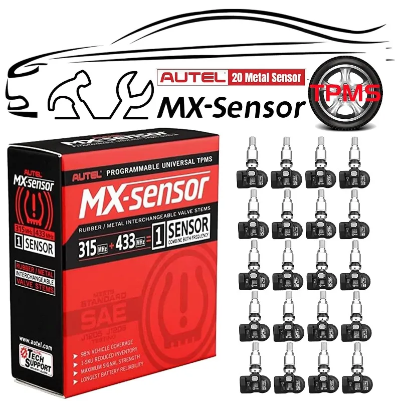 

Autel MaxiTPMS MX Sensors 20pcs Pack 315MHz and 433MHz Dual Frequency TPMS Tire Sensor Metal Valve Stem Press-in Work