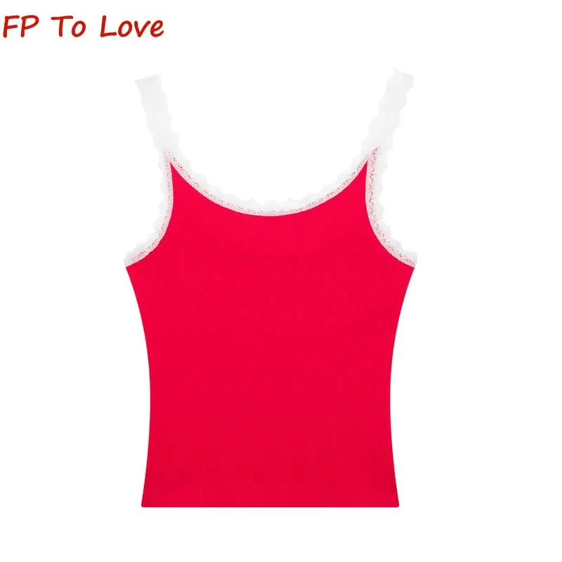 Y2K Summer Lace Splicing Camisole Spice Girl High Waisted Neckline Top Women Clashing Tank Top