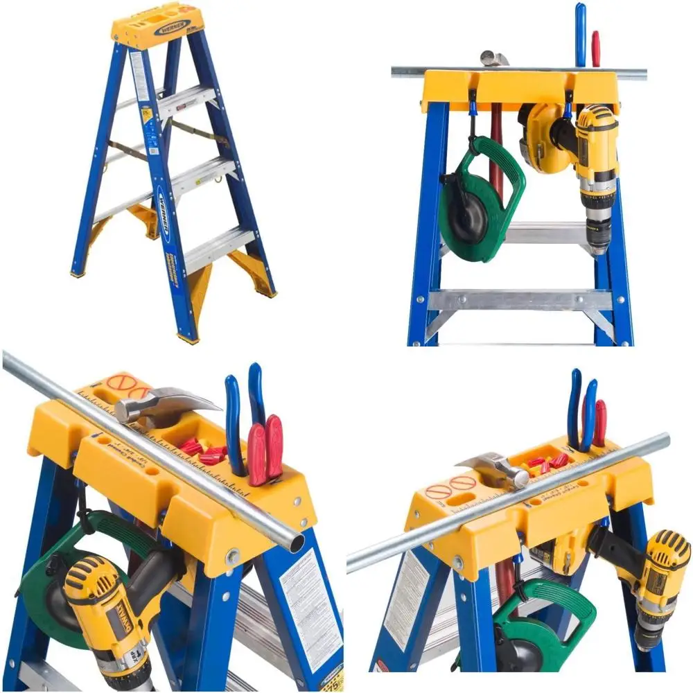 Scaletta Werner Old Blue da 4 piedi in fibra di vetro con valutazione di lavoro e stazione di lavoro da 375 libbre