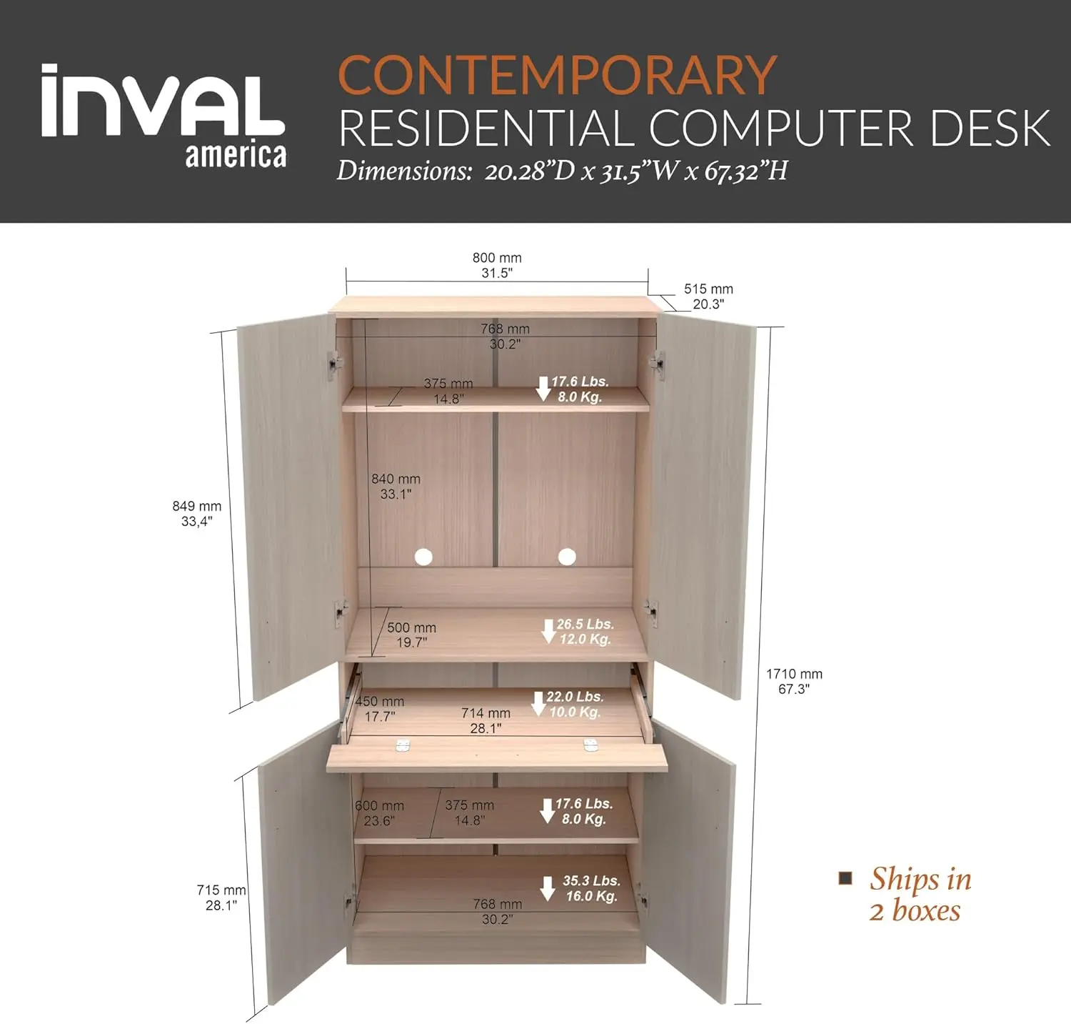 Am-16423 Contemporary Computer Desk For Residential Use, Washed Oak/Beech