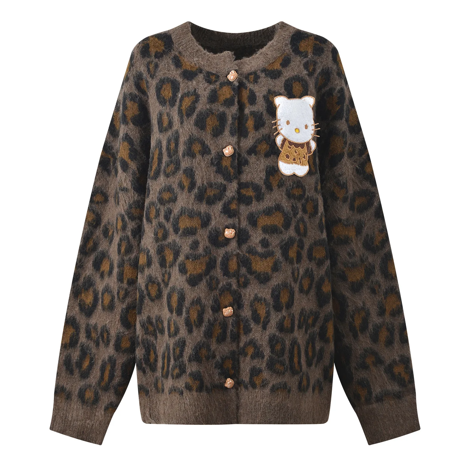 

Fall 2025 Heavy Embroidery Leopard Print Loose Slimming Young round Ne Long Sve Knitted Open Cardigan Outerwear Women's ...