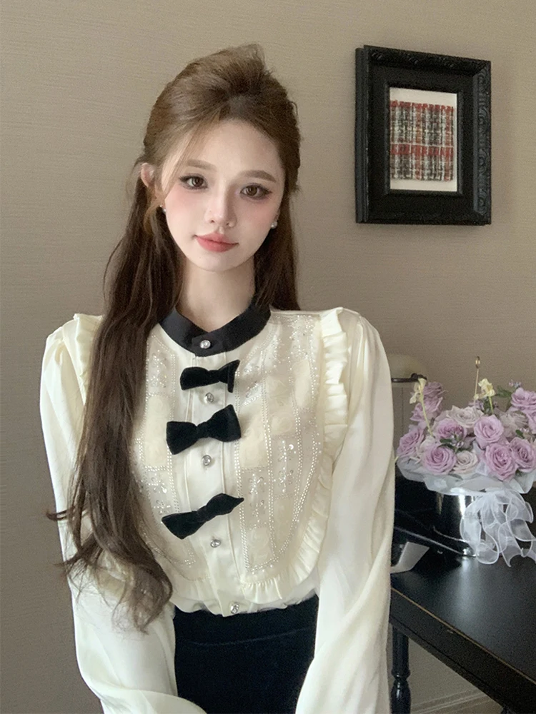 

French Elegant Shirts Women Sweet Ruffles Patchwork Bow Long Sleeve Blouse Female Spring O Neck Fashion Button Loose Casual Tops