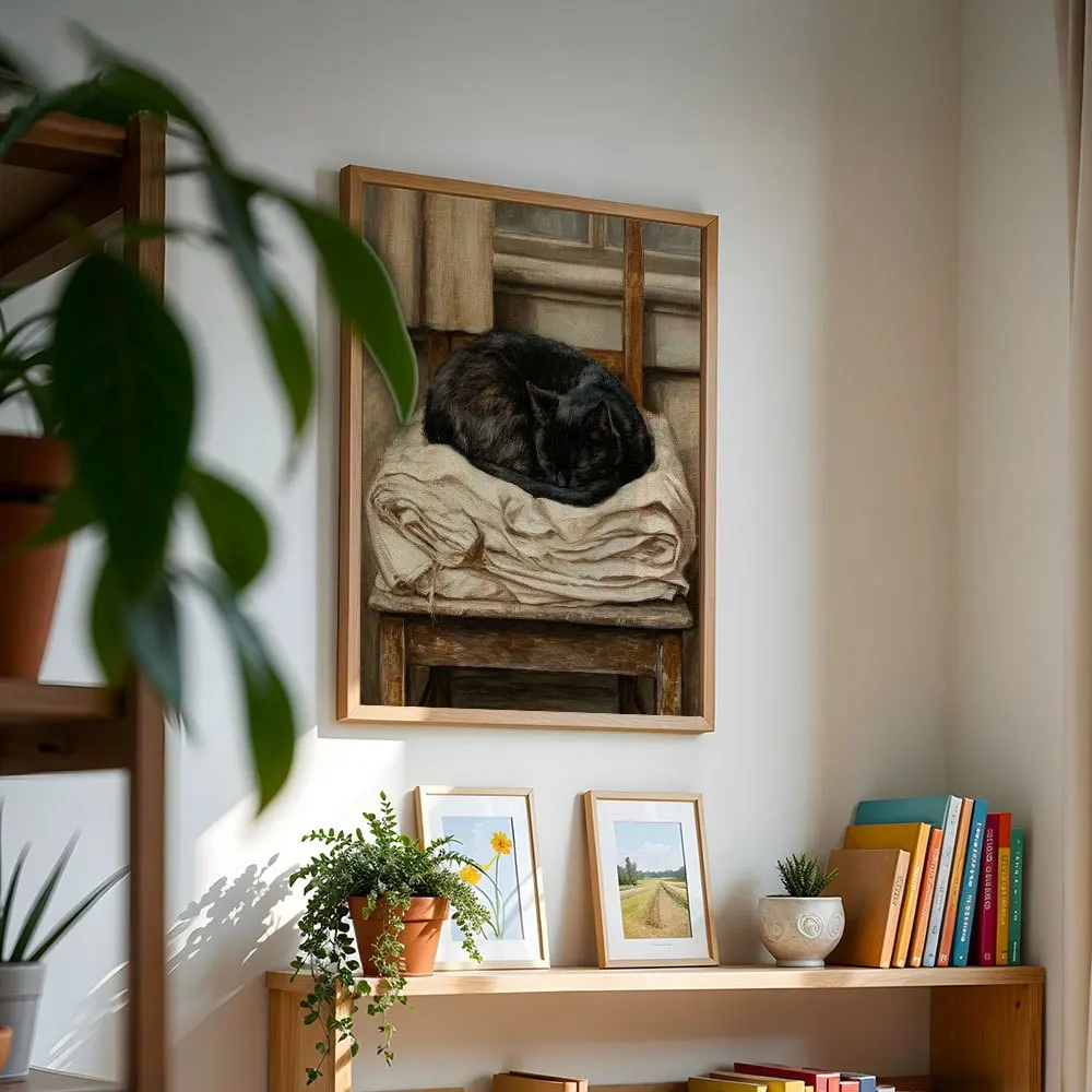 Vintage Sleeping Black Cat Oil Painting Canvas Print, Rustic Farmhouse Animal Wall Art, Unframed Canvas Poster for Living Room B