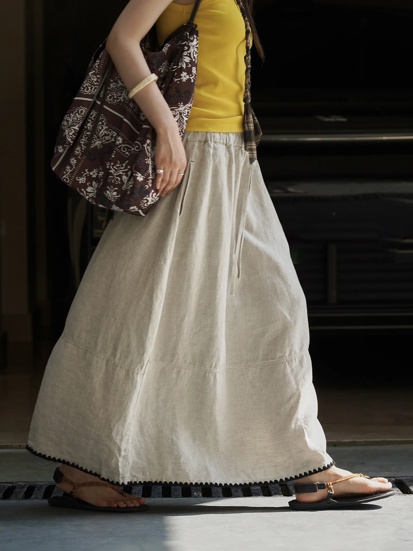 

Autumn Pattern Woven Hemp Elastic Waist Midi Dry And Breathable Long Skirt For Women