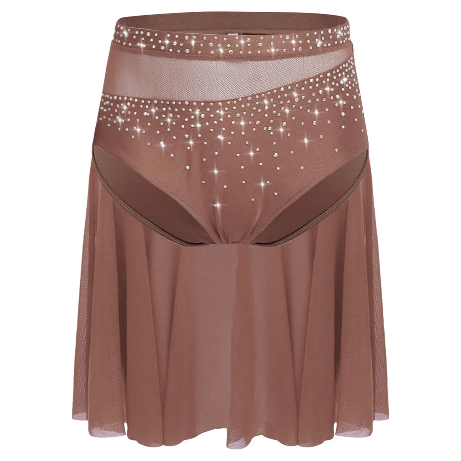 Kids Girls Lyrical Dance Outfit Sparkly Rhinestones Irregular Shoulder Crop Top+Sheer Mesh Skirt Set Figure Skating Dance Dress