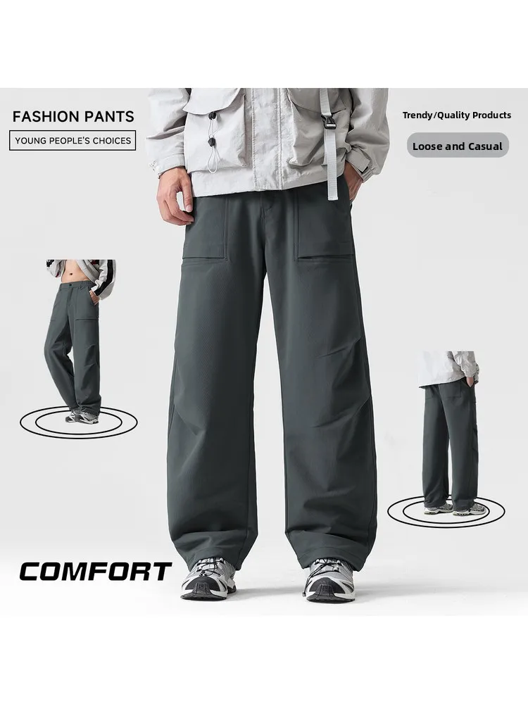2025 Spring New American Style Men's Casual Pants Loose Drape Thin Workwear Long Trousers Fashion Urban Youth Polyester Fiber