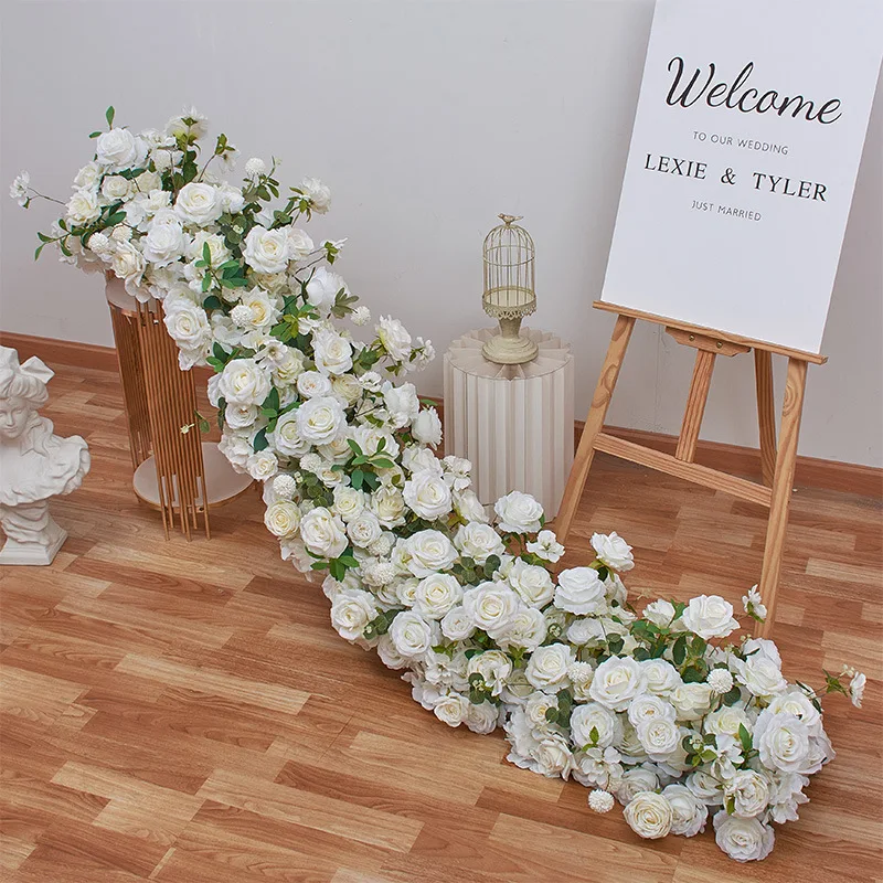 

2M Wedding Event Arch Table Runner Artificial Flowers Row White Rose Floral Party Banquet Arrange Window Display Backdrop Decor