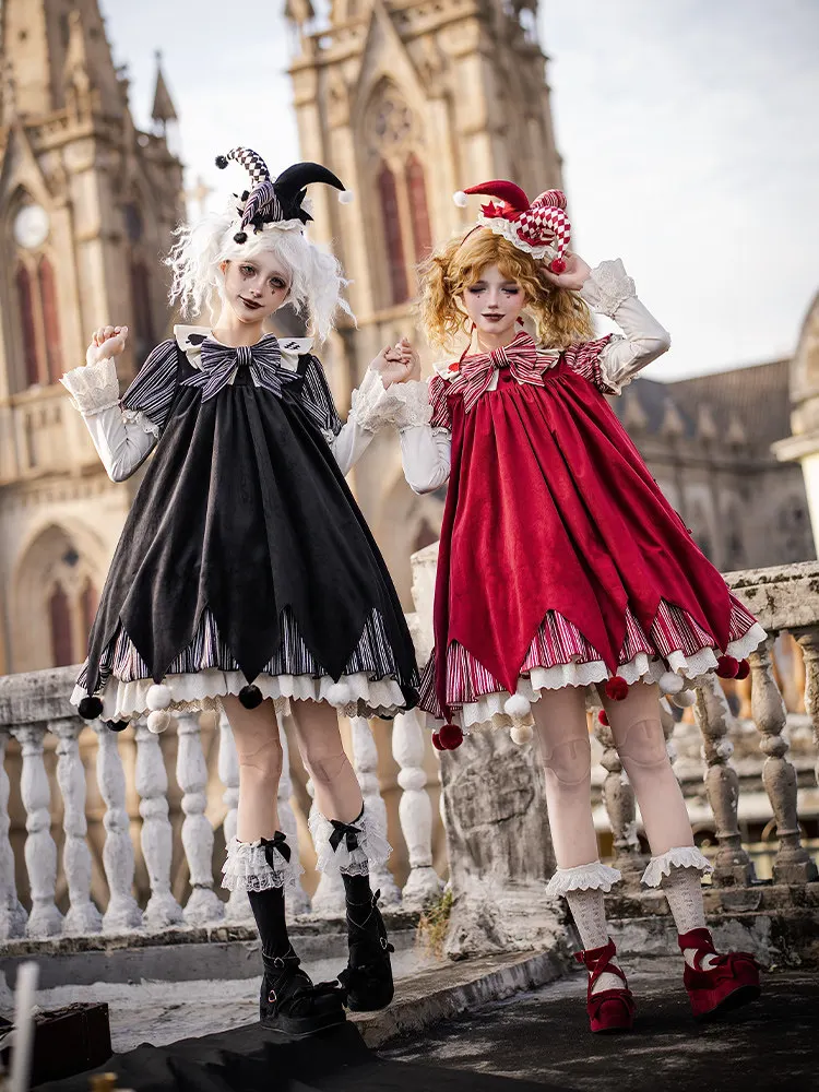 오리지널 엘레강트 레트로 인형 광대 짧은 원피스 자수 칼라 패치워크 긴 소매 루즈핏 불규칙 로리타 원피스 여성용