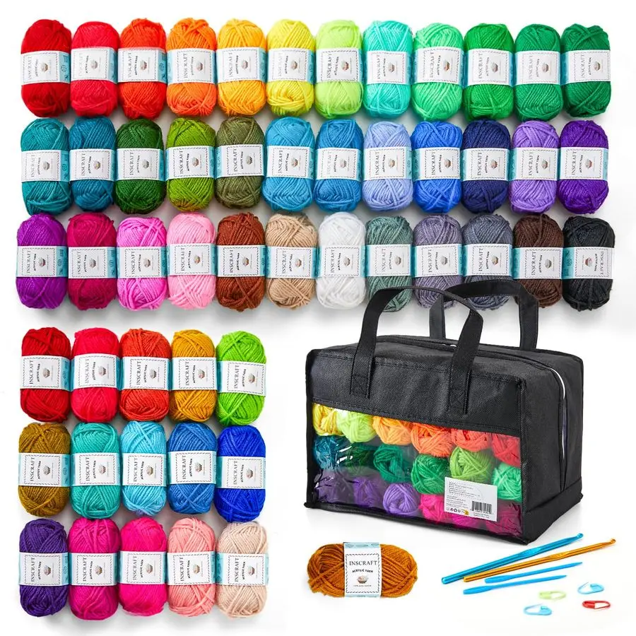 

52 Acrylic Yarn Skeins, 1820 Yards 52 Colors, 2 Crochet Hooks, 2 Weaving Needles, 10 Stitch Markers, 1 Bag, for Crocheting amp K