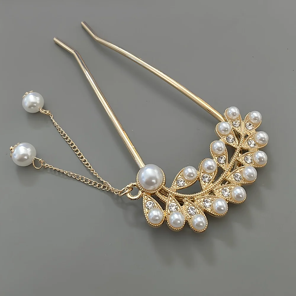 Leaf Alloy Hairpin Elegant Imitation Pearl Tassel U-shaped Hair Fork Ancient Style Exquisite Back Head Plate Hair Accessories