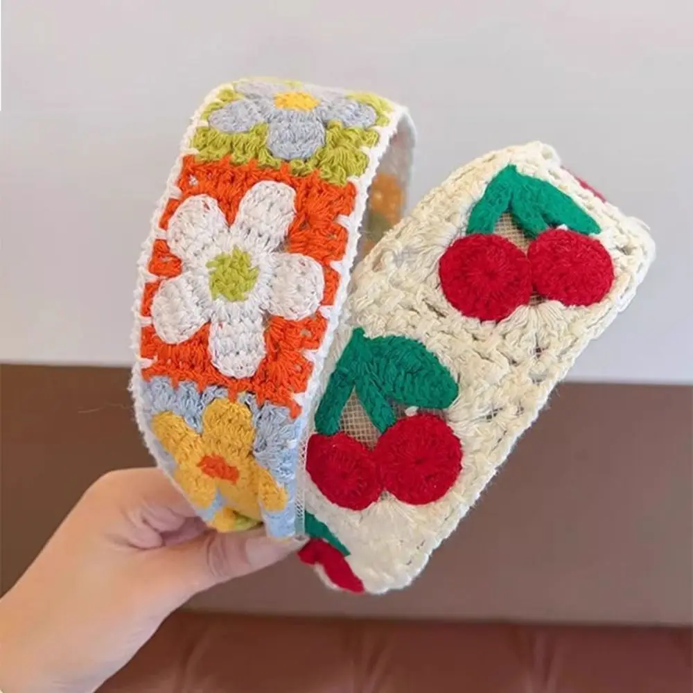 Diadema de punto colorida elegante, aro de pelo ancho de lana tejido de ganchillo, bordado, estilo étnico, banda para el pelo para niños, viaje