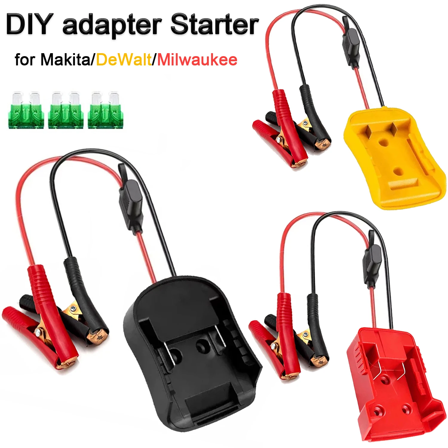 

Portable Car Booster Jump Starter - 18V Battery Adapter for Makita /DeWalt /Milwaukee with Fuse Emergency Cable