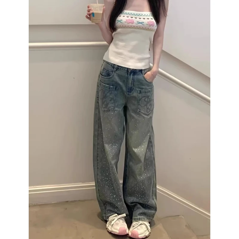 Women's Y2K American Retro Design Glitter Denim Pants High Waist Loose Straight Leg Wide Leg Pants Street Style Trendy