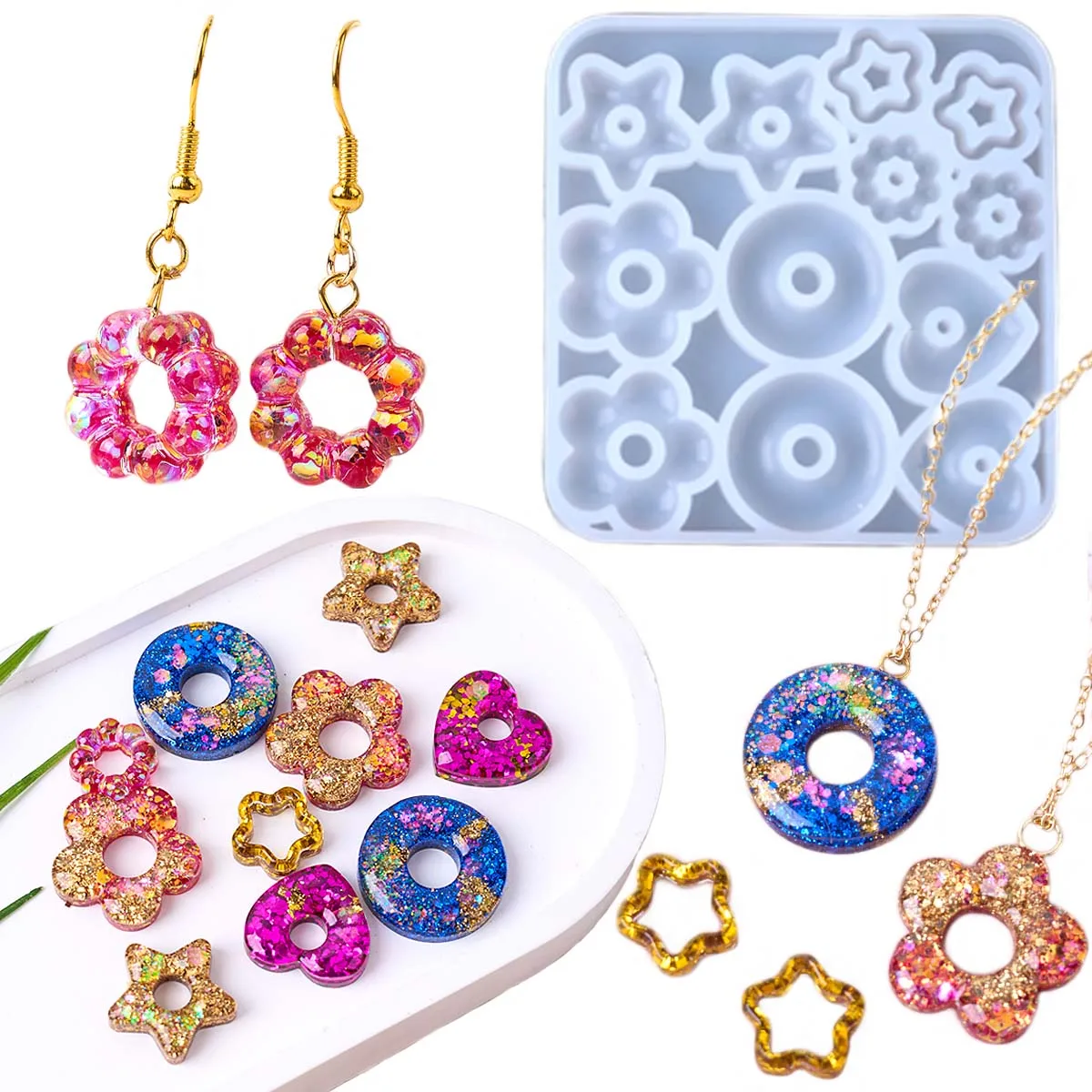 Multifuntional Jewelry Silicone Mold DIY Handmade Heart Star Flower Earrings Pendant Keychain Epoxy Resin Craft Casting Molds - view 6