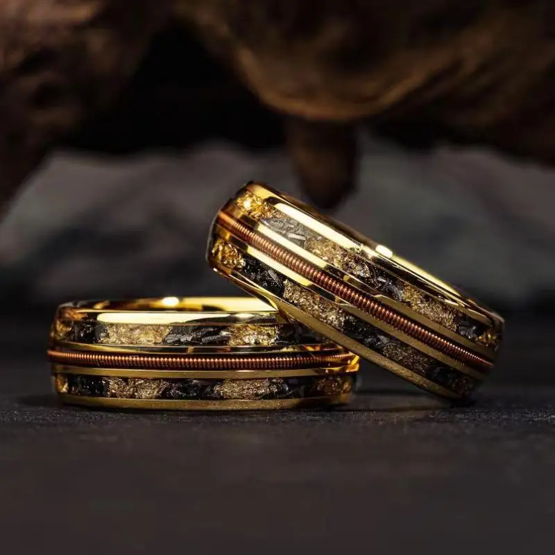 Rose Gold Ring, Men's Wedding Ring, Promise Ring, Husband's Gift Guitar String and Meteorite with Gold Foil Men's Wedding Ring