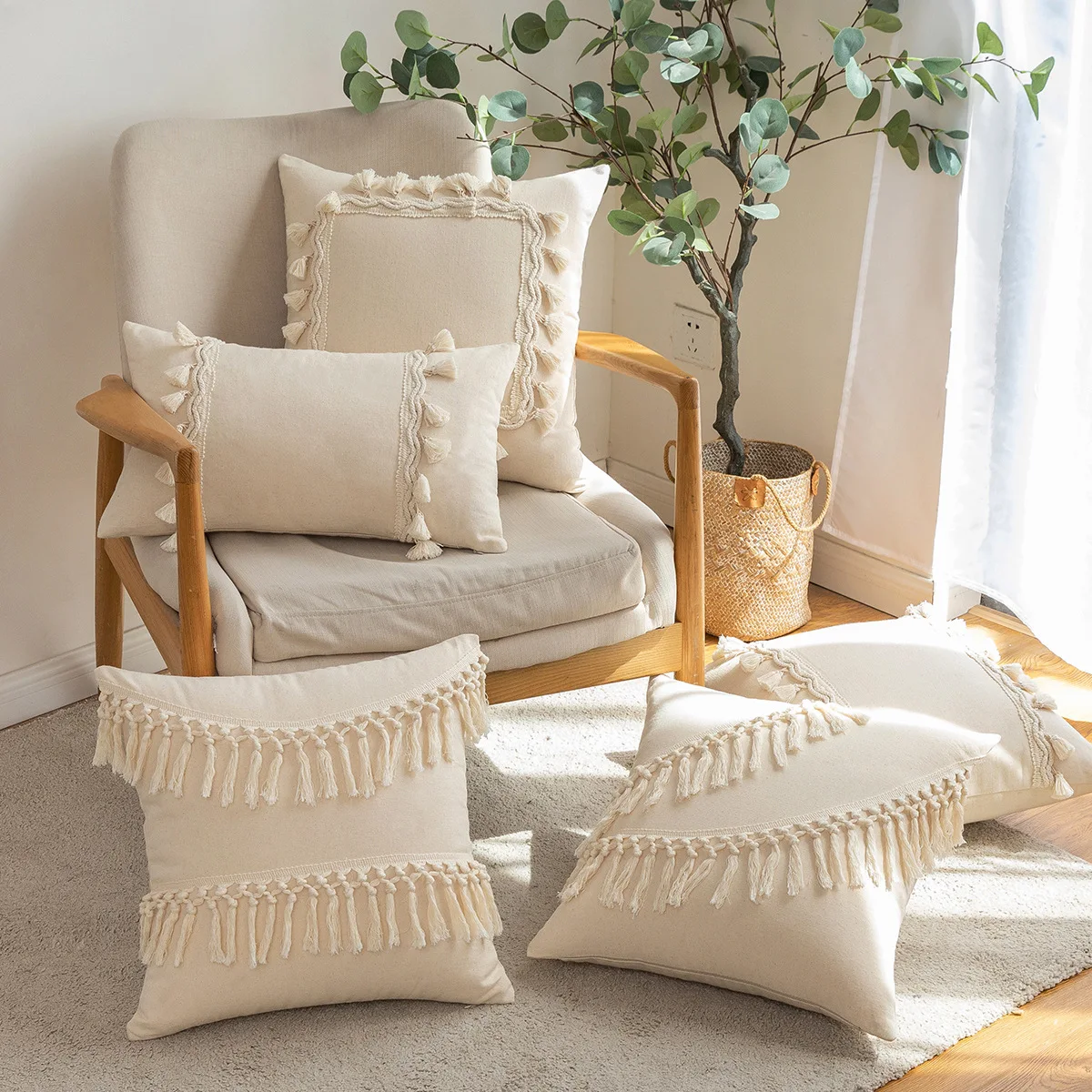 Boho Tufted Lumbar Throw Pillow Cover Modern Farmhouse Ivory Neutral Linen Gift Pillow Cushion Case with Tassels 30x50cm 45x45cm