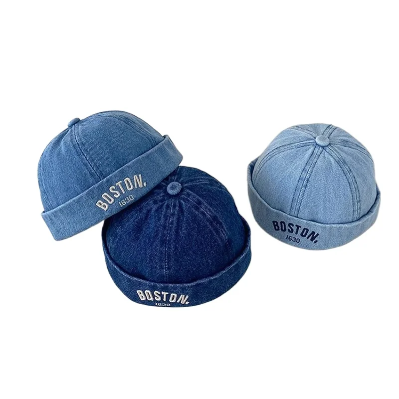 

Корейская джинсовая кепка-бини для малышей в стиле хип-хоп с вышитыми буквами, без козырька, регулируемая, детская, в стиле ретро, докерская шапка-бини