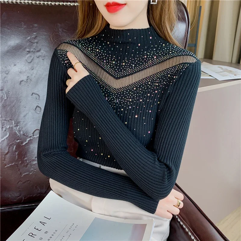 Ladies Fashion Mesh Splicing Beading Pullover Sweater Women Clothing Girls Autumn Casual Knitwear Female OL Sweaters PAH2620