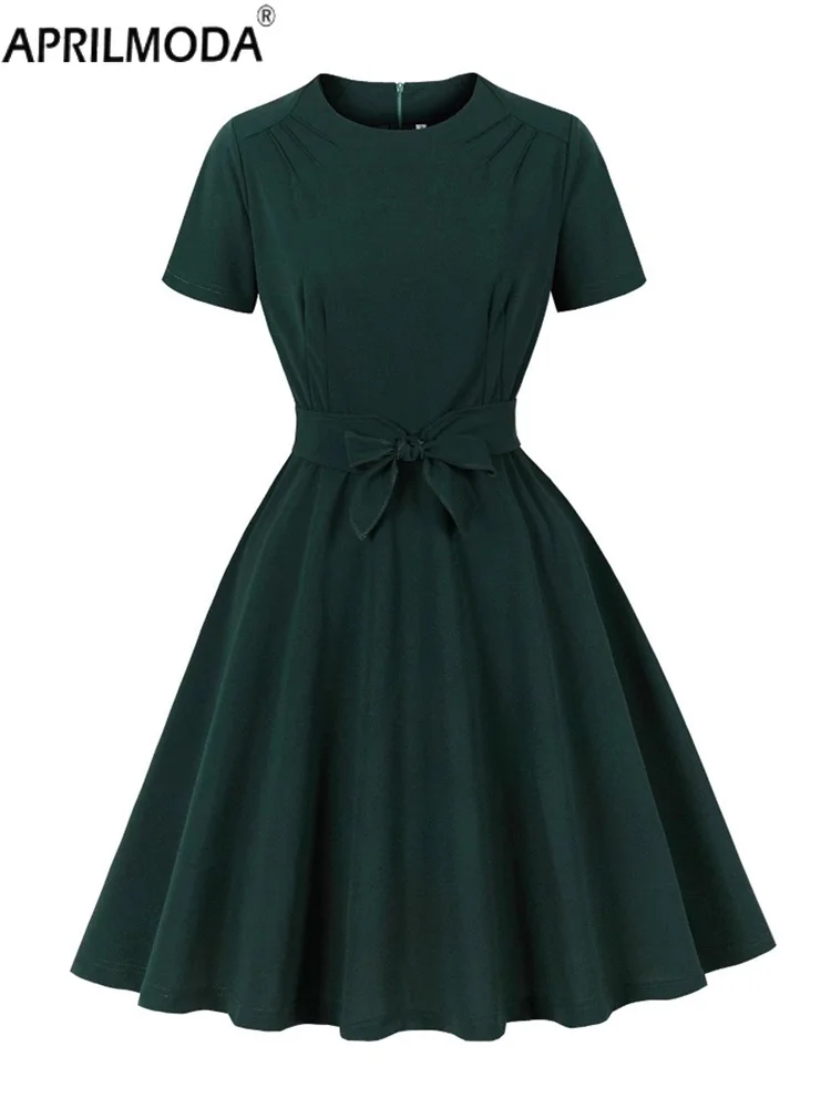 2025 Retro Vintage Solid Green Elegant Office OL Summer Swing Dress O Neck Short Sleeve A Line Flare Tea Runway Pleated Dresses